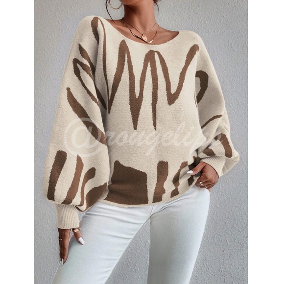 Knit Graphic Pullover Sweater Beige Brown Bishop Sleeve Stretchy - Picture 7 of 11